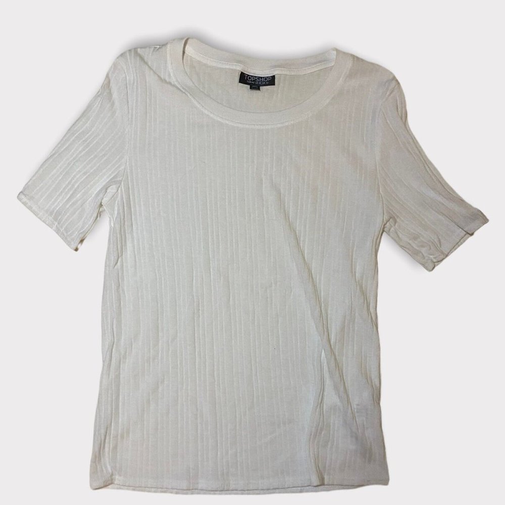 Topshop White Ribbed Short Sleeve Round Neck Crop Casual Top Womens Size 8